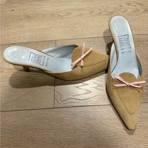 Cynthia Rowley Geist NYC Suede Mule Heels Pink Bow Size 8.5 Made in Italy